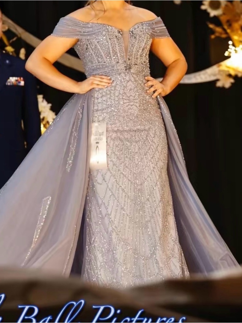Off-Shoulder Lavender Beaded Evening Gown